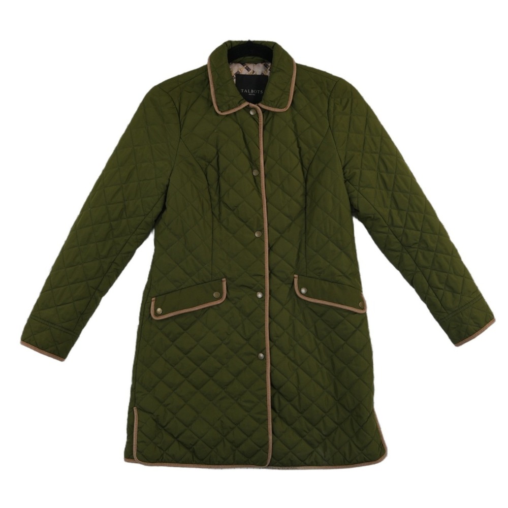 Talbots Barn Jacket Womens Size Petite‎ Green Quilted Faux Leather Trim  Coat